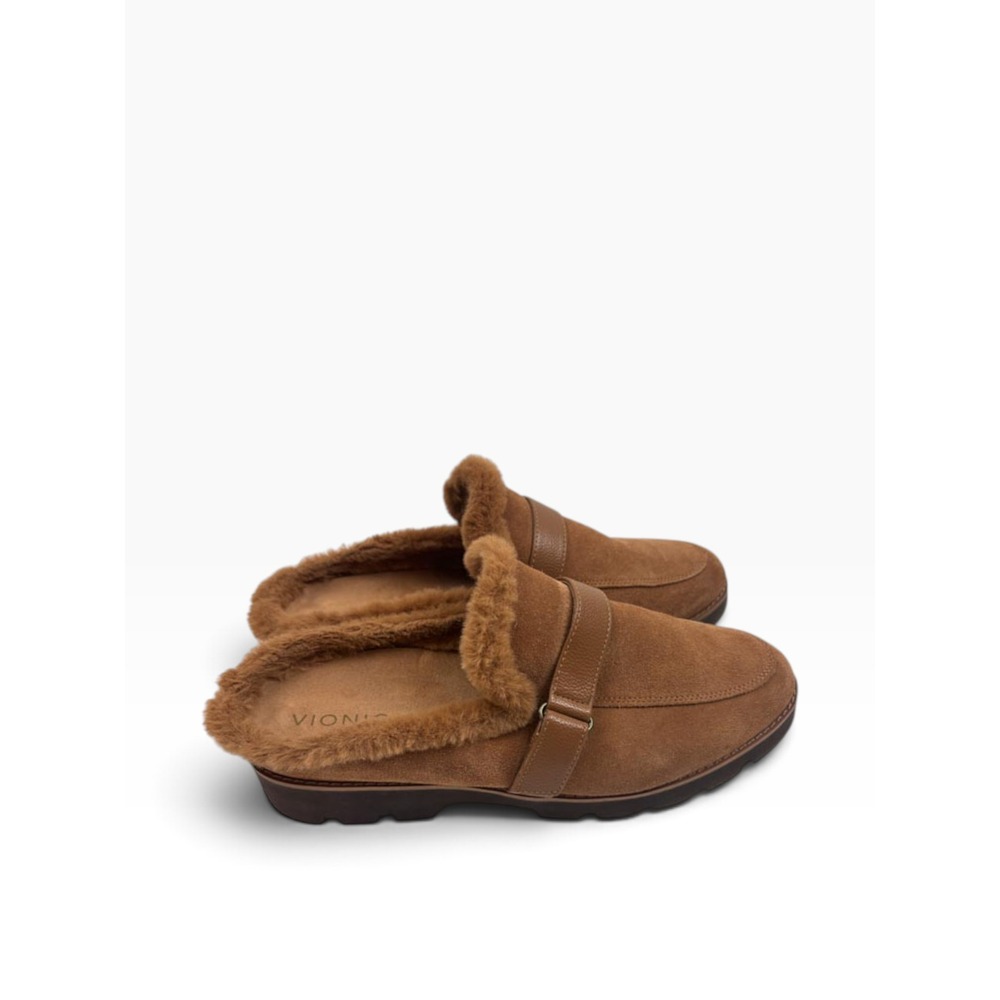 Vionic Tan Suede Faux Fur Lined Mule Slippers Orthotic Support Buckle Strap